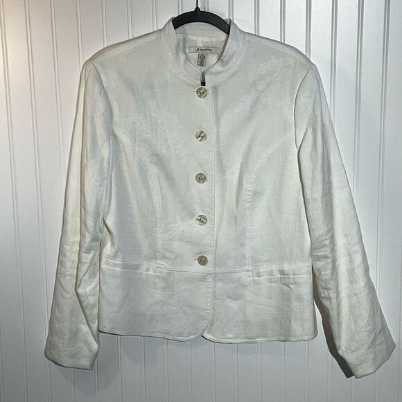 JM Collection Linen Button Front Jacket Women 12 White Long Sleeve Lined Pocket - Picture 1 of 11